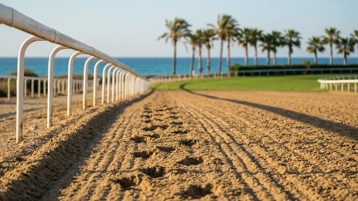 Piste en sable de l'hippodrome de la Côte d'Azur avec empreintes de sabots, palmiers et mer floue à l'arrière-plan