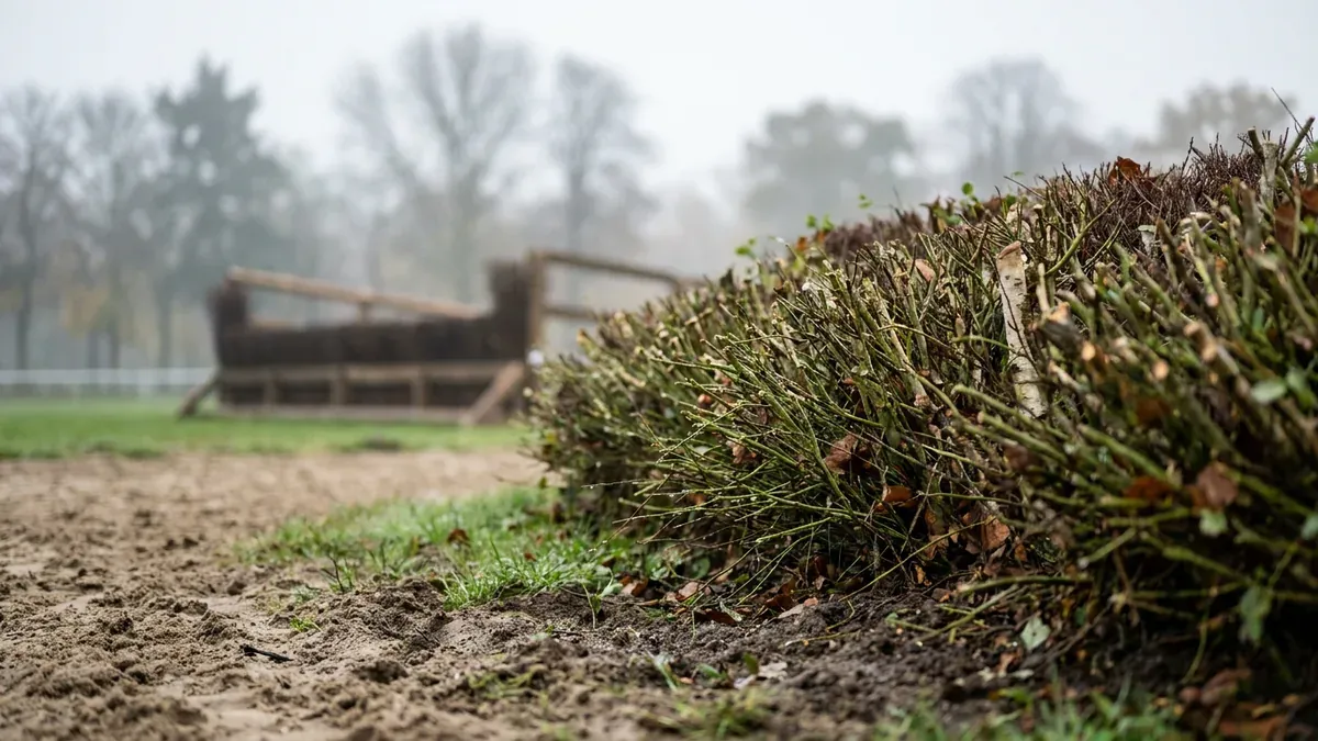 Haie de bouleau en gros plan sur la piste d'obstacles de l'hippodrome d'Auteuil, steeple-chase flou à l'arrière-plan