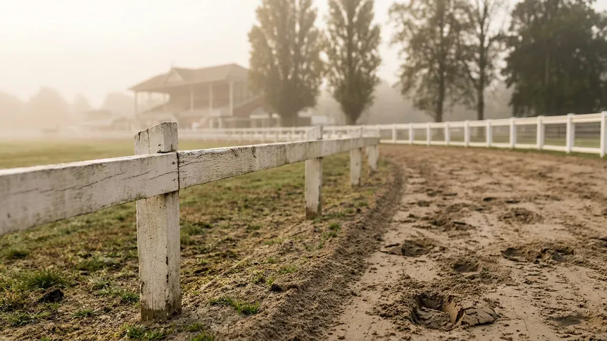 Lice blanche et piste en sable de l'hippodrome de Parilly au petit matin, avec les arbres du parc flous derrière